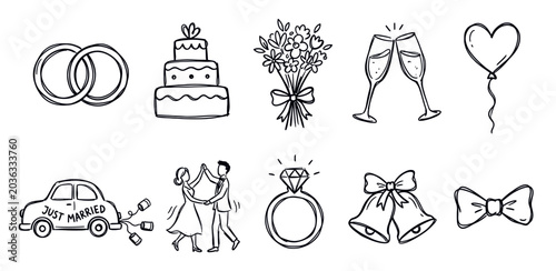 Collection of hand-drawn black and white wedding icons, including rings, cake, flowers, and a 