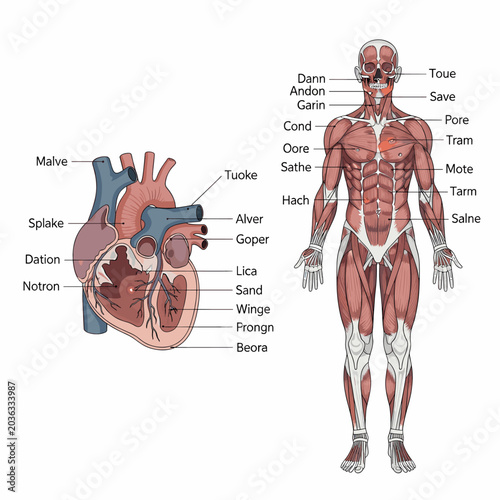 Tableau sur toile Anatomical illustration of the human muscular system and a detailed view of the human heart with labels