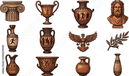 Foto A collection of ancient Greek and Roman antique icons including vases, busts, trophies, and symbols
