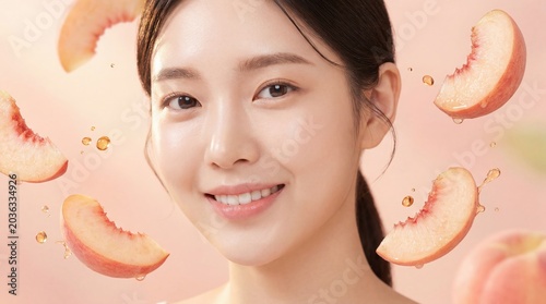 Smiling Korean woman with glowing flawless skin surrounded by floating fresh peach slices and serum drops against a soft peach pastel studio background