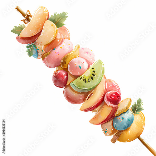 A cute Bamboo Skewer Used for fruit skewers, mochi, or grilled desserts, all set against a white background with an aesthetic vibe and in high resolution with a hyper-realistic appearance.