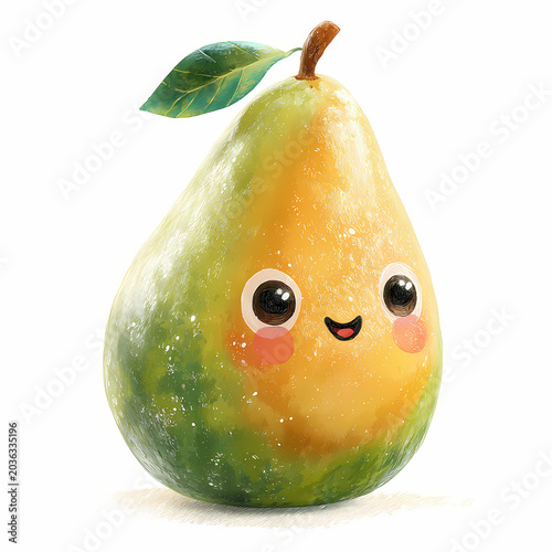Cute avocado cartoon character with smiling face and green leaves watercolor illustration isolated on white background