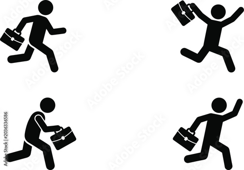 Foto Businessman Running with Briefcase Stick Figure Silhouette Set Representing Corp