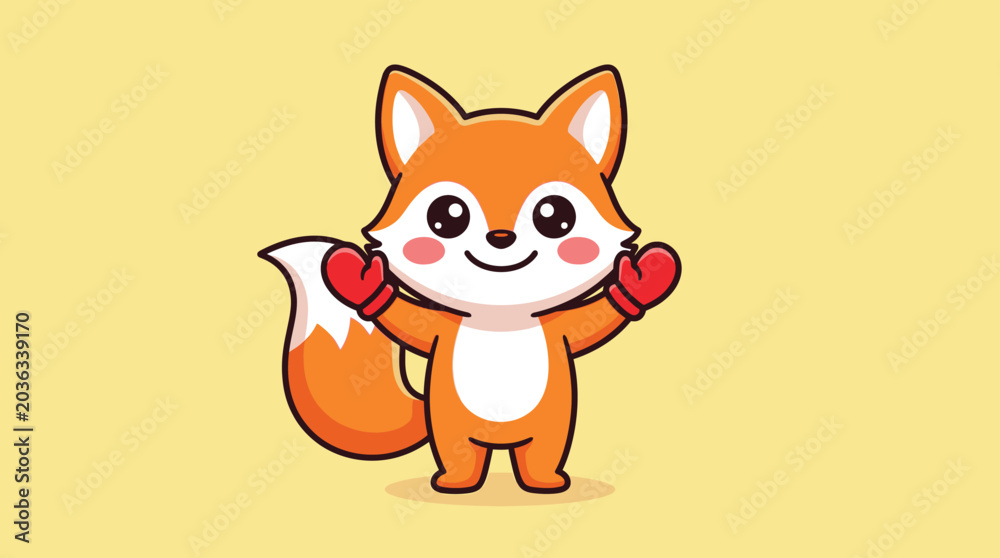 Obraz premium Cute cartoon fox wearing red mittens waving hello.