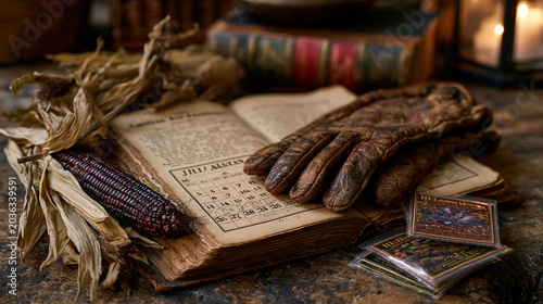 Symbolic still life arrangement of vintage American almanac open to July calendar page surrounded by dried corn husks weathered leather gloves and heirloom seed packets resting on aged farmhouse tab