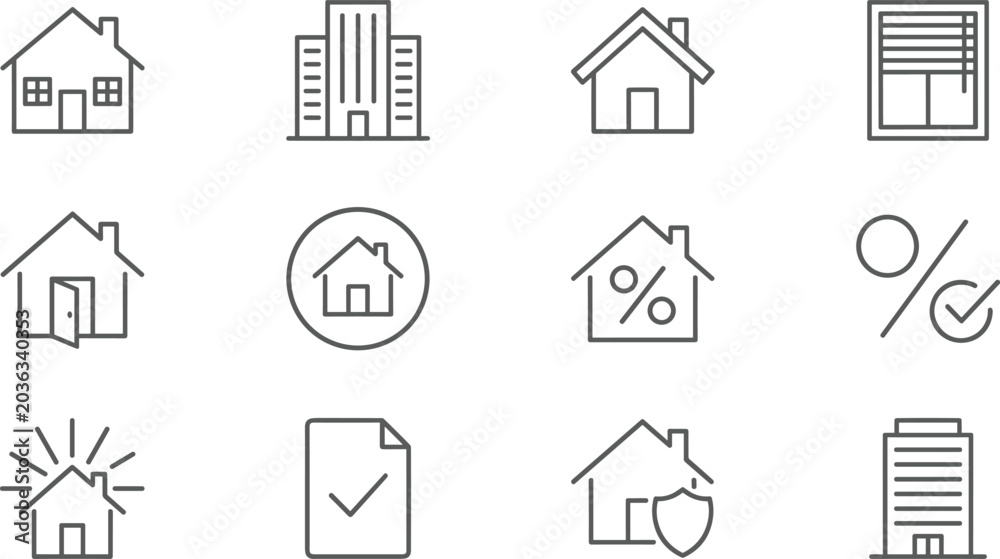 Fototapeta premium Minimalist Real Estate Property And Home Loan Outline Icon Set For Mortgage Insurance Business Corporate Web UI Design