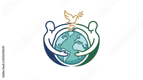 Fotografi A stylized illustration of a dove holding an olive branch above a globe surrounded by interconnected human arms in blue green and white hues on a clean white background