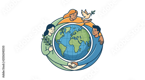 Canvas-taulu Illustration of diverse people holding objects around a globe with a white background and vibrant colors