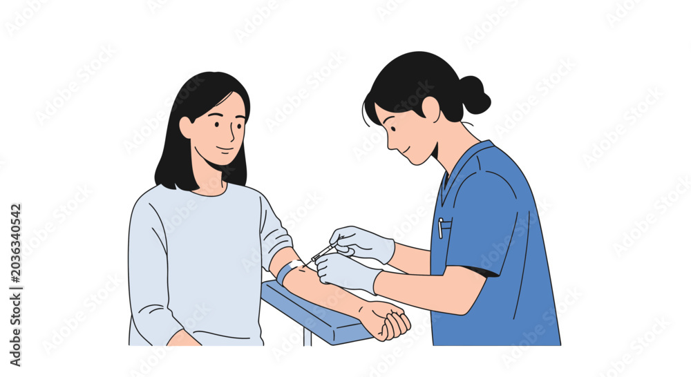 Fototapeta premium Nurse draws blood from patient's arm illustration, medical checkup