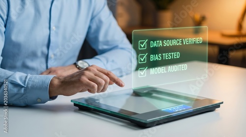 Ethical AI and Data Compliance Concept: Professional Presenting Holographic Audit Checklist and Digital Scale for Verification