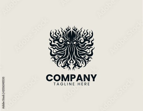 Dark Cthulhu Octopus Flame Minimalist Black Vector Logo Eldritch Horror Design