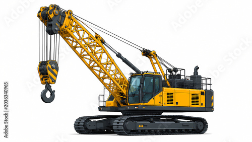Yellow Crawler Lattice Crane Heavy Construction Equipment Isolated on White Background
