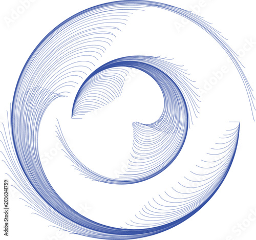 фотографія A swirling blue wave illustration curls inward on a white background