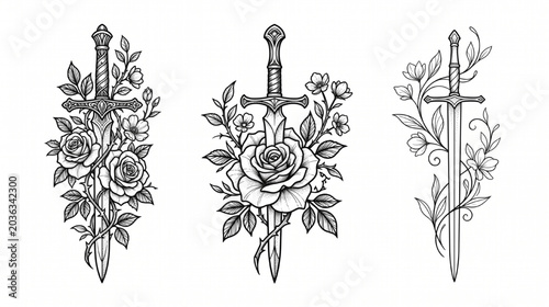 Sword and Flower Tattoo Flash Sheet Vector Set – Black Ink Floral Blade Stencil Designs Isolated on White Background