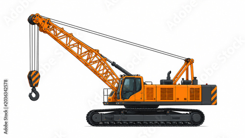 Orange Crawler Lattice Boom Crane Industrial Heavy Machinery Isolated on White Background