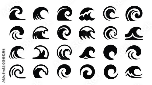 Sticker Wave icon set, minimalist ocean sea water and surfing symbols, dynamic crest lines and flowing forms, modern aquatic design elements vector illustration set