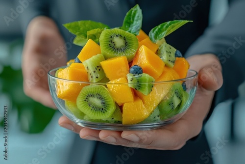 Fresh tropical fruit salad in glass bowl with mango kiwi and berry garnish, held by hands for healthy dessert