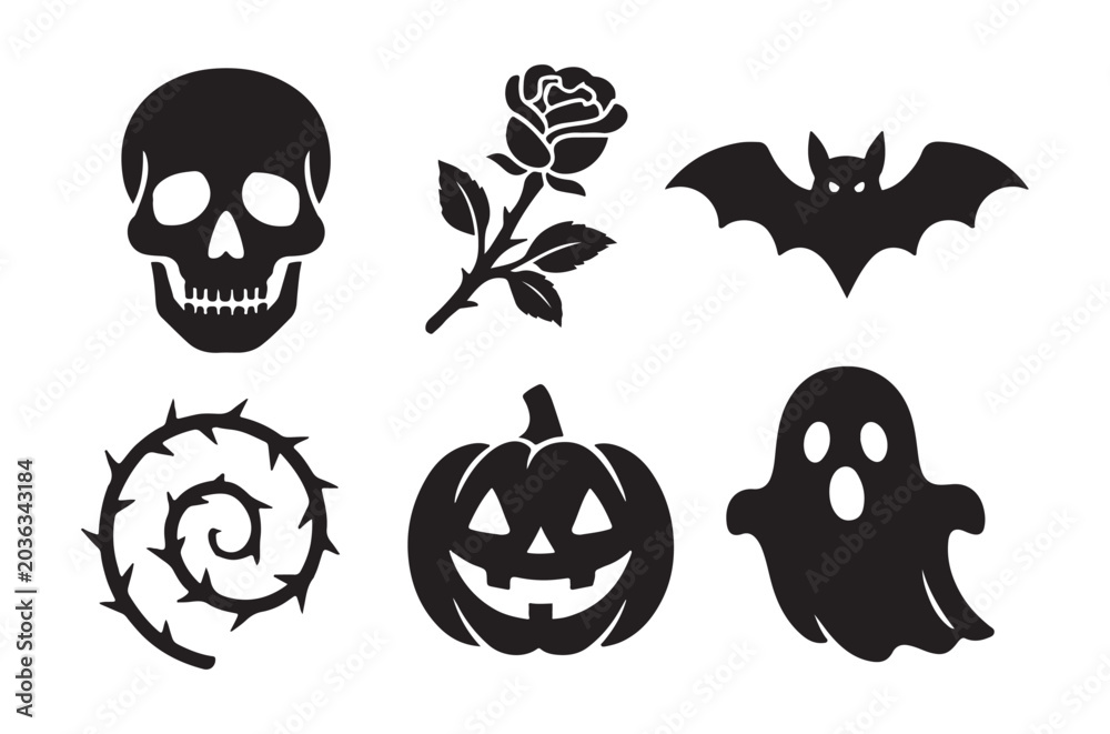 Fototapeta premium Halloween Silhouettes Skull Rose Bat Thorns Pumpkin And Ghost