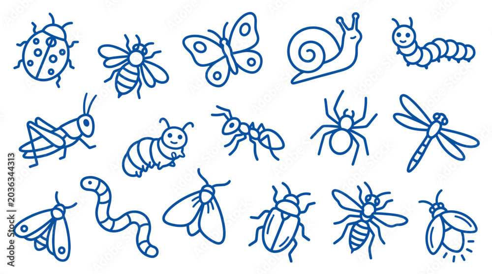 Fototapeta premium Various blue outline cartoon insects and bugs are playfully arranged on a clean white background, creating a simple graphic pattern