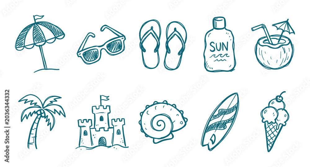 Fototapeta premium Collection of hand-drawn blue outline summer beach vacation icons, including an umbrella, sunglasses, flip-flops, sunscreen, coconut drink, palm tree, sandcastle, seashell, surfboard, and
