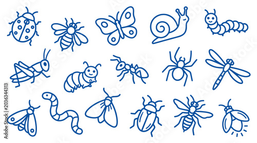 Various blue outline cartoon insects and bugs are playfully arranged on a clean white background, creating a simple graphic pattern