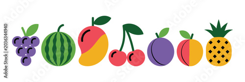 Tableau sur toile Fruit flat illustration row, colorful grapes watermelon pineapple and mixed produce icons, healthy eating concept, fresh fruit assortment vector design isolated on transparent background