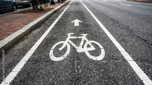 Bike lane marking with directional arrow on asphalt road surface