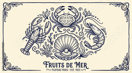 Tableau sur toile A vintage-style illustration of seafood including shellfish and crustaceans on a