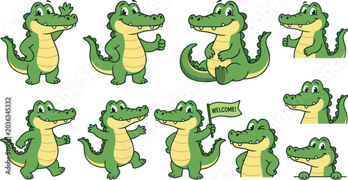 Cuadro en lienzo Cute cartoon crocodile character vector icons set with friendly alligator mascot posing waving thumbs up and holding welcome sign isolated on white background