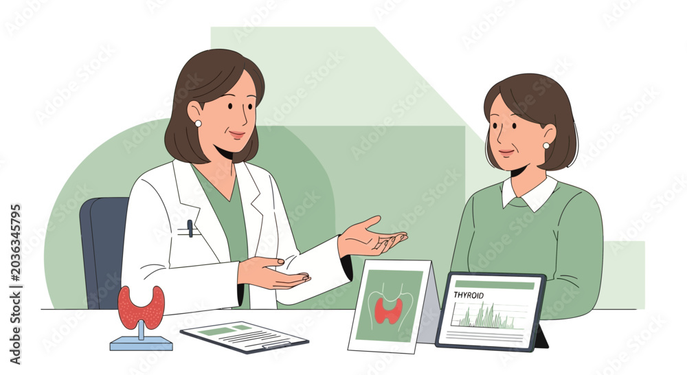 Fototapeta premium Doctor and patient discussing thyroid health with medical visuals