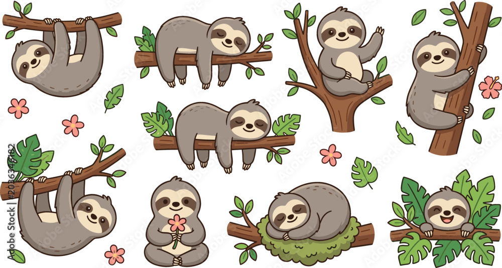 Fototapeta premium Cute cartoon sloth character sticker sheet set with various poses hanging on branch sleeping sitting climbing jungle tropical leaves flowers vector