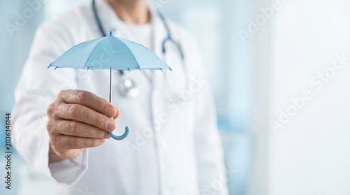 Doctor holding blue umbrella as healthcare protection, medical insurance, safety, support and patient care concept with copy space.