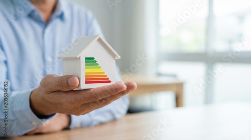 A man holding house model with energy rating label for sustainable home efficiency and real estate savings concept with copy space.