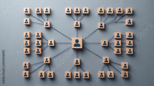Wooden avatar blocks connected in organizational hierarchy network on gray background.