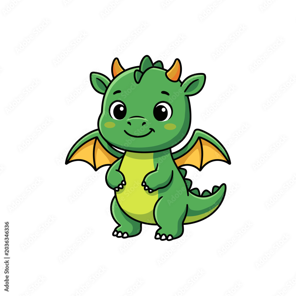 Fototapeta premium Cute baby dragon character isolated on white background, flat vector illustration with black outline