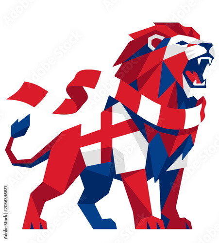 Geometric illustration of a roaring lion in red, white, and blue polygonal shapes on a white background.