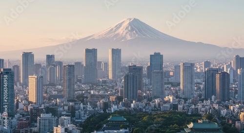 A serene cityscape of Tokyo with Mount Fuji towering above skyscrapers at sunrise