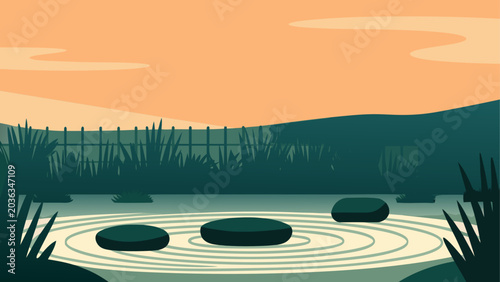 Schilderij op canvas Minimalist Zen Rock Garden at Sunset with Raked Gravel Circles and Desert Silhou