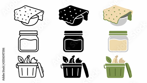 Fermentation process icons: dough, jars, and compost graphics