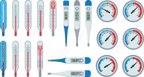 Quadro su tela Medical thermometer vector icons set with digital temperature gauges classic glass mercury tubes and round climate dials isolated on flat white background