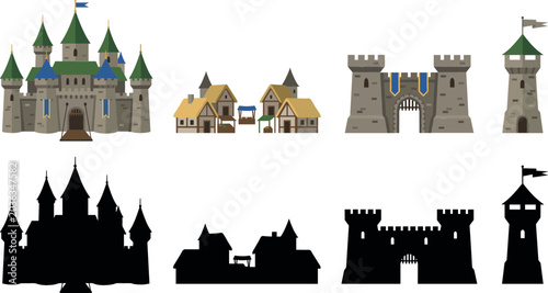 Canvas Print Medieval castle vector collection with fantasy kingdom towers village houses fortress gate icons and black silhouettes set isolated on white background