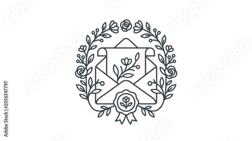 Photos Floral Envelope Emblem with Wax Seal and Scroll.