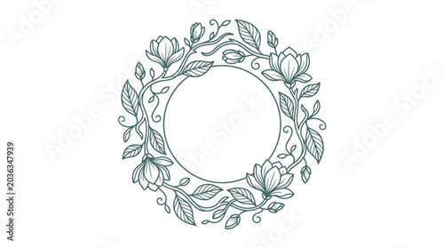 Floral Wreath with Magnolia Blossoms and Leaves Hand Drawn Sketch.