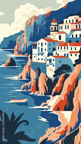 Beautiful coastal village on cliffs by the sea during the day with boats in the water and houses on the rocks