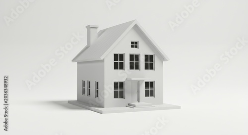 A white two-story house with a chimney and windows is shown in an architectural illustration.