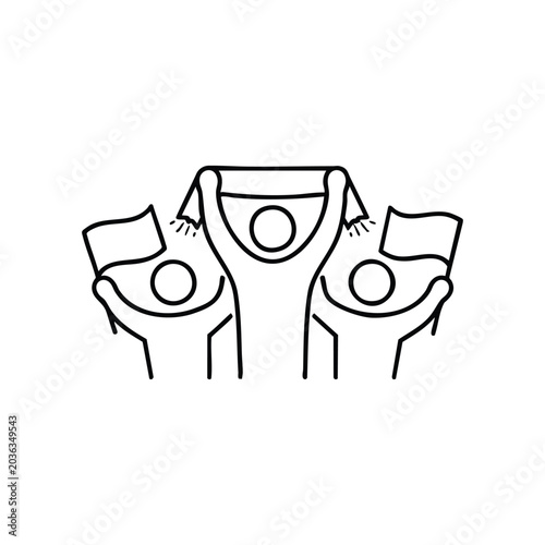 Football fans cheering with flags and scarf black and white vector illustration