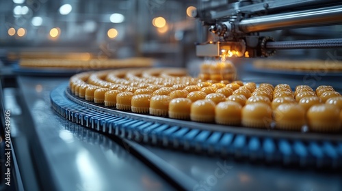 Rows of golden pastry items being transported on a high-speed blue conveyor belt in a modern automated bakery.