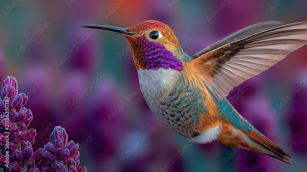 Fototapeta premium Rufous hummingbird hovering near purple flowers.