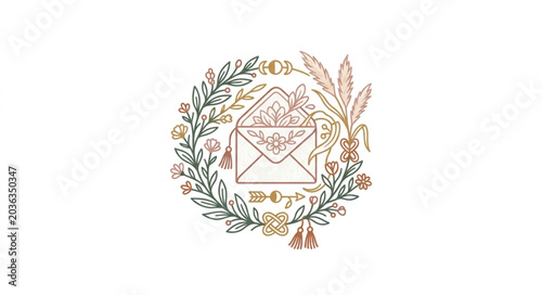 Fotografie Hand Drawn Floral Wreath Around Envelope Illustration.