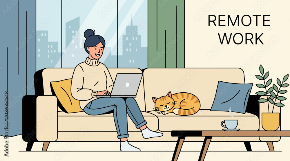 Fototapeta premium Woman working remotely on laptop on sofa with cat sleeping beside her, cityscape view